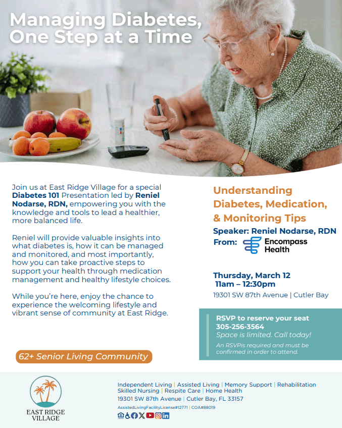 flyer for diabetes management event at east ridge village cutler bay