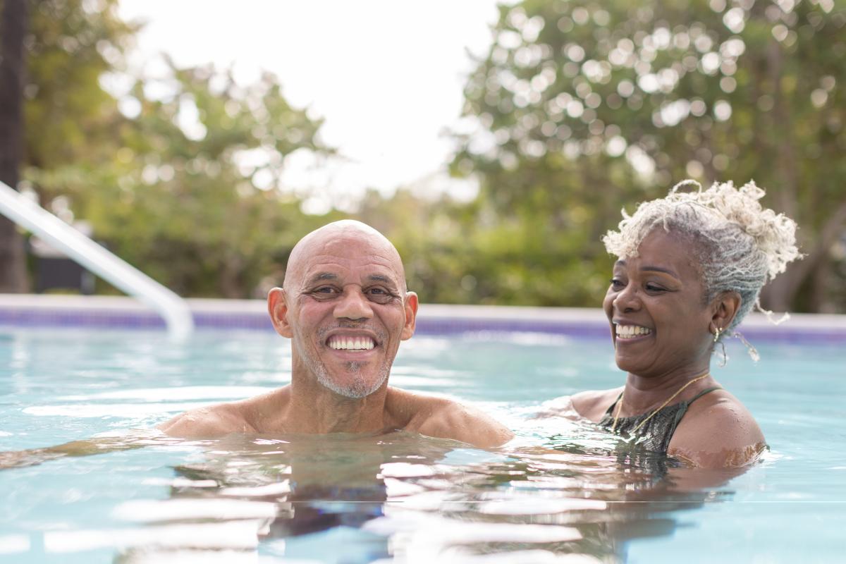 a couple swimming
